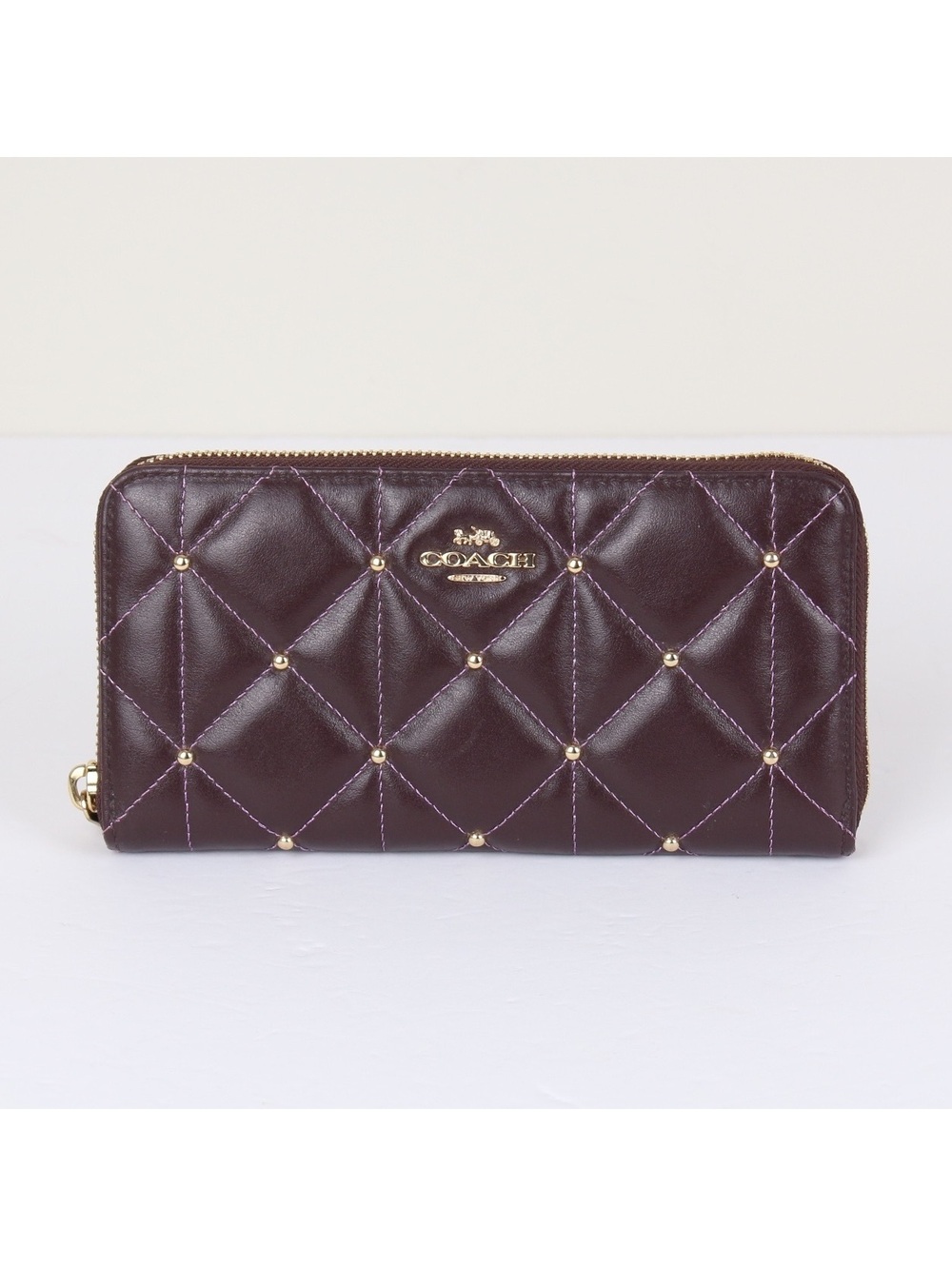 Coach Accordion Zip Wallet Quilted Smooth Leather Studded Oxblood Burgundy